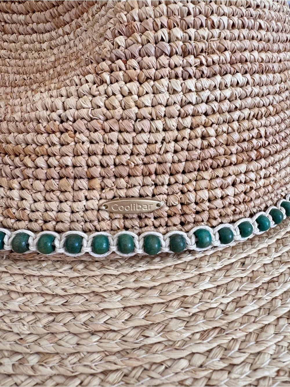 Coolibar Avery Raffia Fedora Hat UPF 50+ Wide Brim Beads Natural OS Coastal